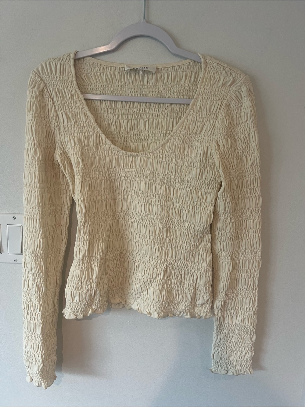 Frame Denim Cream Smocked Long Sleeve Scoop Neck Top Women’s Small